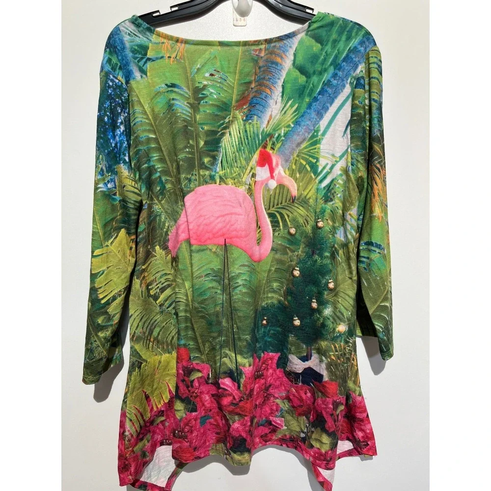 Sun Bay Flamingo Christmas Tropical Tunic Top Large UPF 30 3/4 Sleeve Green Pink
